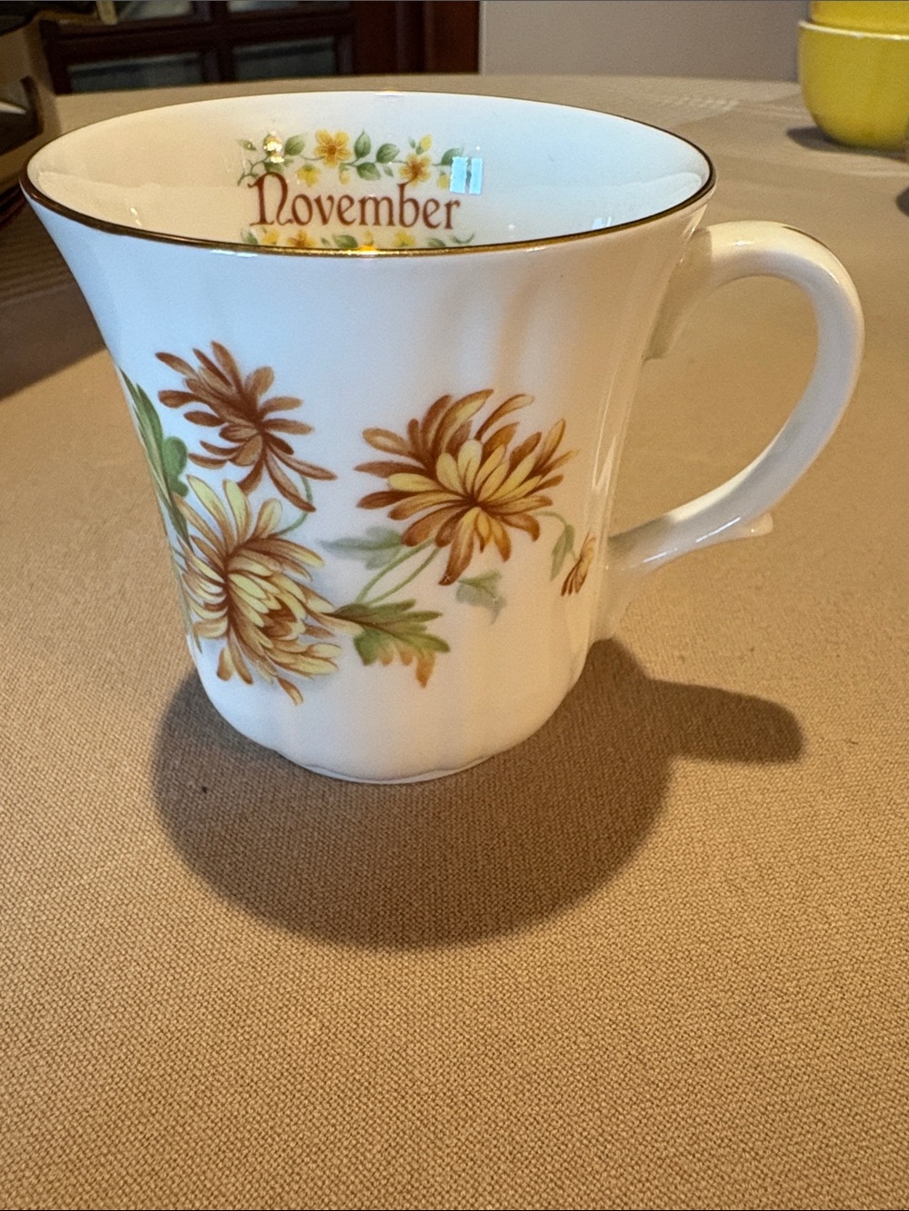 November Floral Duchess Bone China England Mug - White with Brown Chrysanthemums